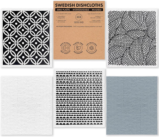 Swedish Dishcloths for Kitchen Eco Friendly Reusable Sustainable Biodegradable Cellulose Sponge Swedish Dish Cloths Dish Rags Washing Wipes Paper Towel Replacement (5 Pack Scandi Prints)